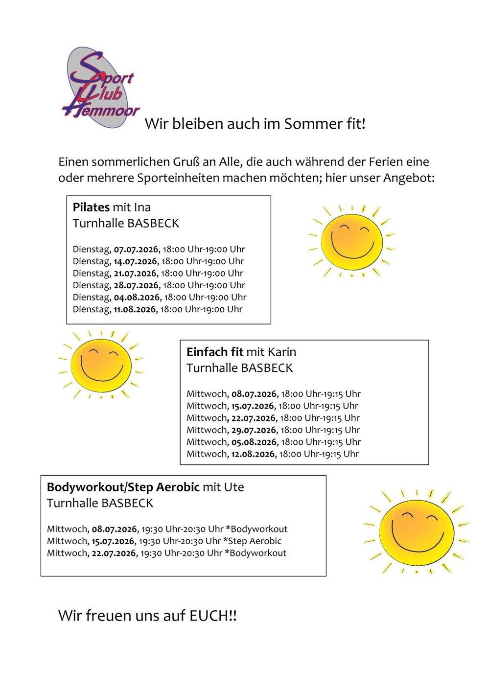 Infoblatt mit Sportangeboten im Sommer 2026, einschließlich Pilates, Einfach fit und Bodyworkout in der Turnhalle Basbeck.