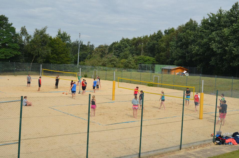 Gruppe von Menschen spielt Beachvolleyball auf einem Sandplatz, umgeben von B&auml;umen und einem gr&uuml;nen Geb&auml;ude im Hintergrund.