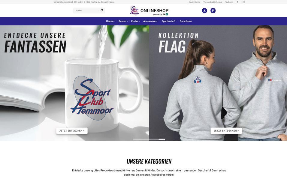 Screenshot einer Online-Shop-Website mit Produktkategorien: FANTASSEN und FLAG-KOLLEKTION auf einem hellen Hintergrund.
