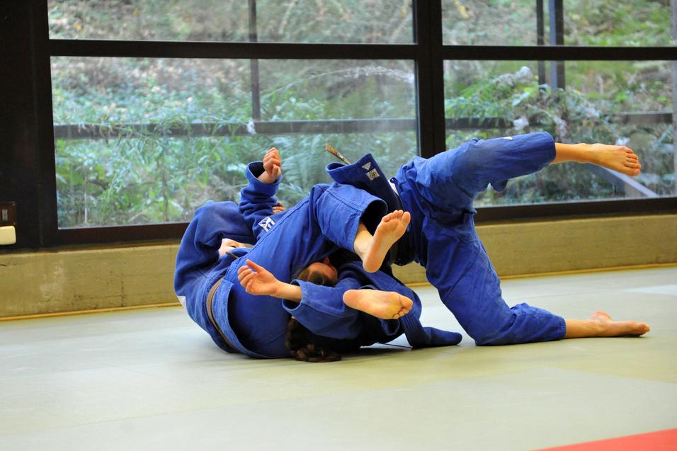 Zwei Judoka in blauer Judokleidung üben einen Bodenkampf auf einer tatami in einem lichtdurchfluteten Raum.